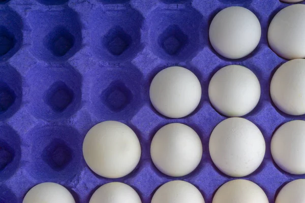 White eggs closeup in egg tray with selective focus and crop fragment