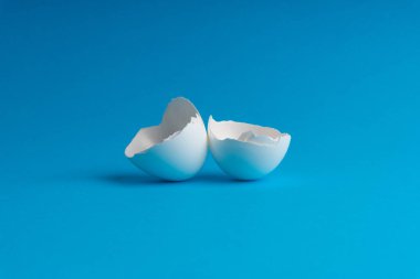 Seçici odak ile mavi arka plan üzerinde kırık yumurta kabuğu