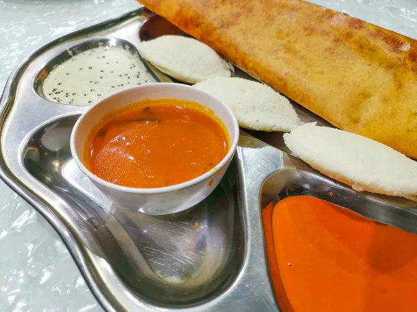 Masala Dosa Idli Dosa Voedsel Close Met Selectieve Focus Gewas — Stockfoto