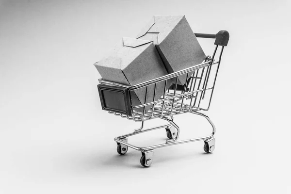 Carrello Scatola Sfondo Bianco Nero Business Concetto Shopping Focus Selettivo — Foto Stock