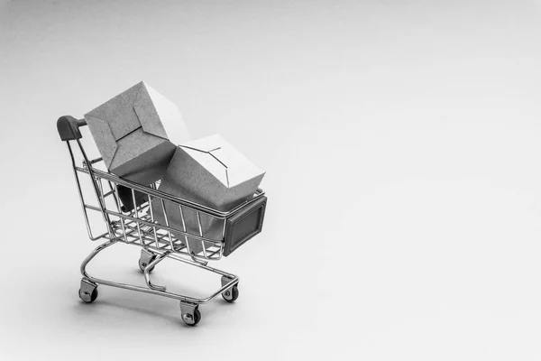 Carrello Scatola Sfondo Bianco Nero Business Concetto Shopping Focus Selettivo — Foto Stock