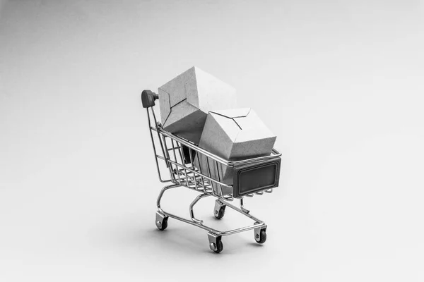 Warenkorb Und Box Auf Schwarz Weißem Hintergrund Geschäfts Und Einkaufskonzept — Stockfoto