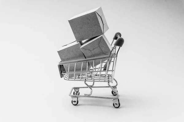 Shopping Cart Box Black White Background Business Shopping Concept Selective — Stock Photo, Image