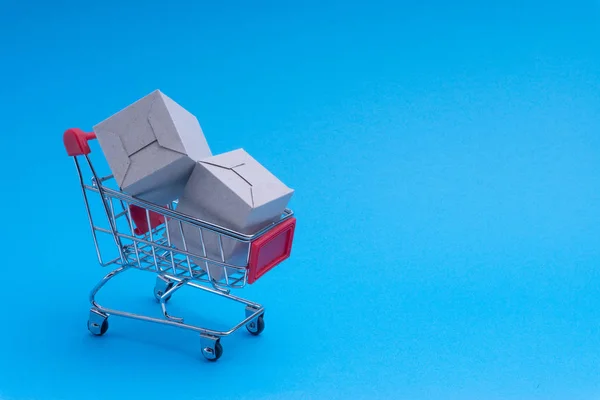 Shopping Cart Box Blue Background Business Shopping Concept Selective Focus — Stock Photo, Image