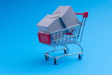 Alışveriş sepeti ve mavi arka plan, iş ve alışveriş kavramı kutu. Seçici odak