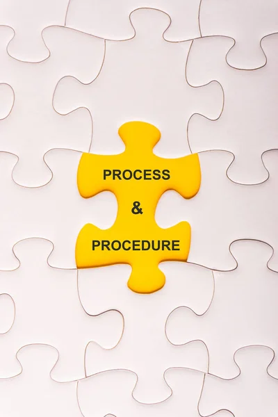 White Jigsaw Puzzle Missing Pieces Words Process Procedure Selective Focus — Stock Photo, Image