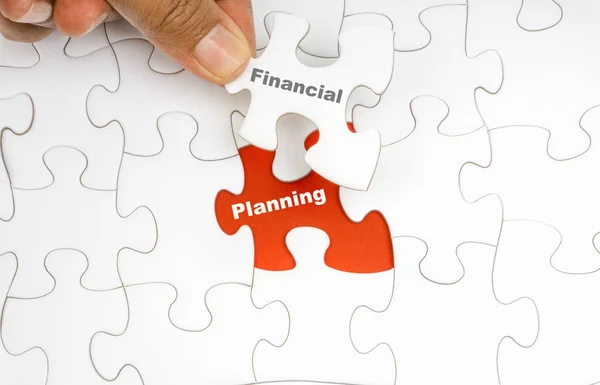 Hand Holding Piece Jigsaw Puzzle Word Financial Planning Selective Focus — Stock Photo, Image