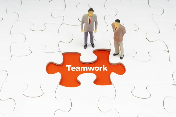 Teamwork Inscription Written Jigsaw Puzzle Businessman Miniature Business Motivation Concept — Stock Photo, Image