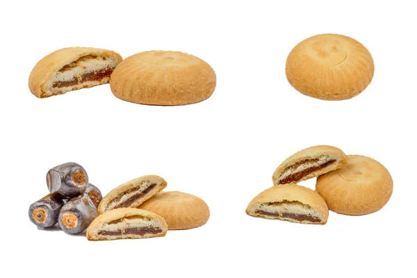 Droge Dadels Koekjes Geïsoleerd Witte Achtergrond Selectieve Focus — Stockfoto