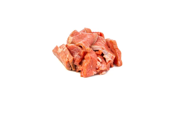 Rodajas Frescas Carne Res Cruda Aisladas Sobre Fondo Blanco Enfoque —  Fotos de Stock