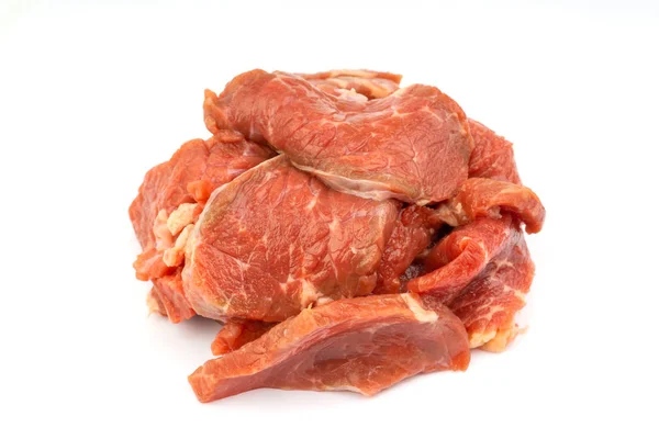 Fatias Frescas Carne Crua Isoladas Sobre Fundo Branco Foco Seletivo — Fotografia de Stock