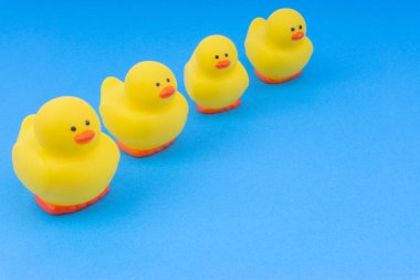 Yellow rubber duck on blue background. Selective focus and copy space concept