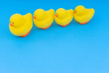 Yellow rubber duck on blue background. Selective focus and copy space concept