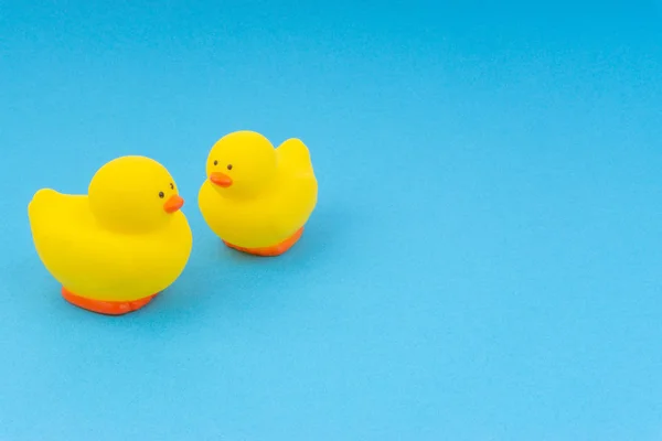 Yellow Rubber Duck Blue Background Selective Focus Copy Space Concept — Stockfoto