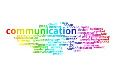 İletişim kelimesi bulut kolajı. İş ve Teknoloji konsepti.