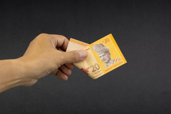 Hand Holding Malaysia Ringgit Myr Currency Bank Notes Inglês Foco — Fotografia de Stock