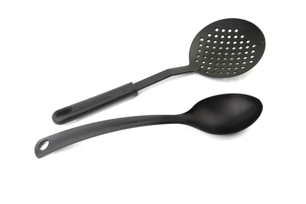Black Kitchen Spatula Spoon Utensils Kitchenware Closeup Isolated White Background Royalty Free Stock Photos