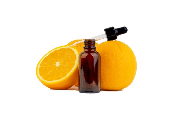 Vitamin Serum Flaska Med Pipett Och Orange Vit Bakgrund Hälso — Stockfoto