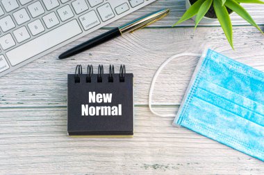 Not defteri, güvenlik maskesi, klavye, dolmakalem ve ahşap arka planda dekoratif bitki içeren yeni NORMAL metni. Covid 19 ve Coronavirus konsepti