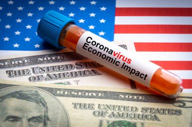 CORONAVIRUS EKONOMIC IMPACT metin, ABD Doları ve kan örneği vakum tüp Amerika bayrakları arka planı. Covid-19 veya Coronavirus Kavramı 