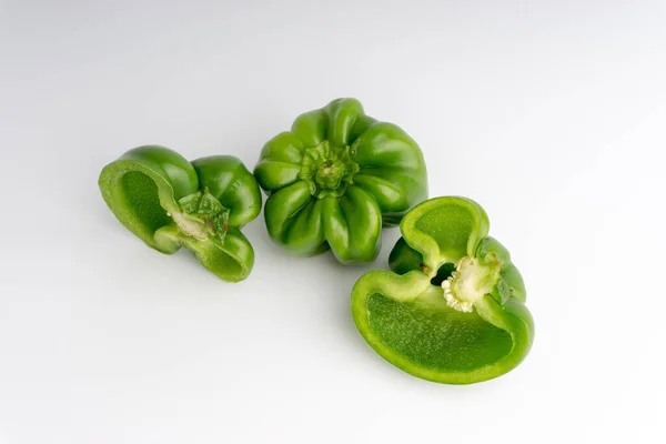 Fresh Green Bell Peppers Capsicum White Background Selective Focus Crop — Stock Photo, Image