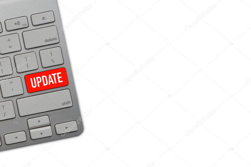 UPDATE text with computer keyboard on white background. Selective focus
