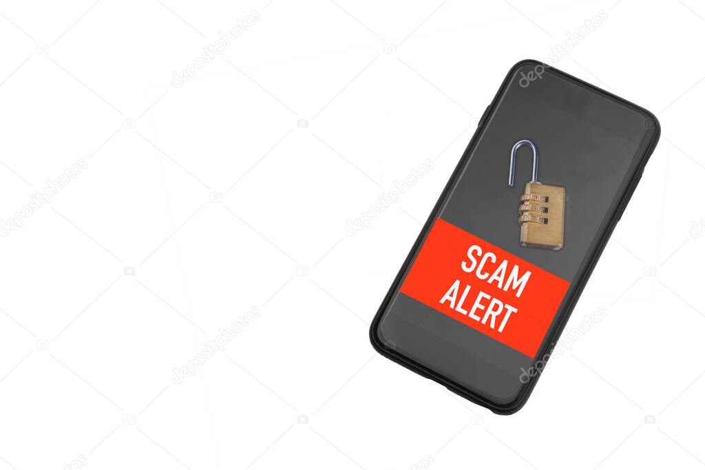 SCAM ALERT text on smartphone or mobile phone over white background. Business and Copy space concept