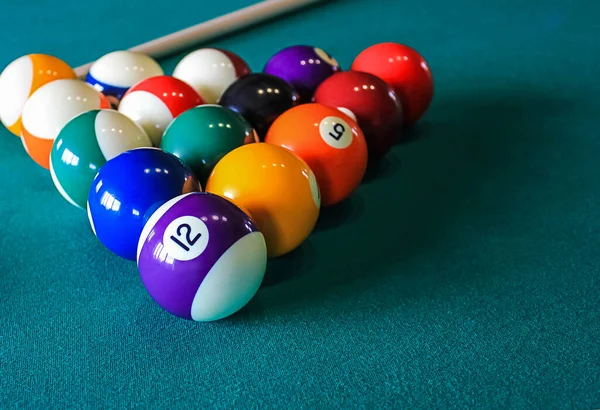 Colored Billiard Balls Green Table Background Concept Billiard Game — Zdjęcie stockowe