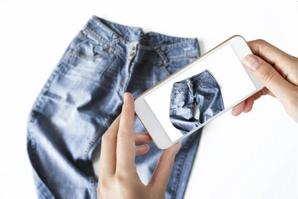 Woman Taking Photo Blue Jeans — Stock Photo, Image