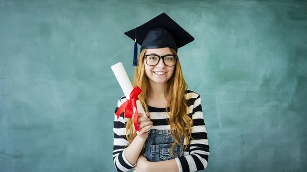 Young Student Holding Diploma Green Chalkboard — Stock Photo, Image