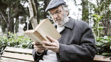Yaşlı adam parkta kitap okumak