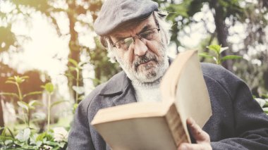 Yaşlı adam parkta kitap okumak