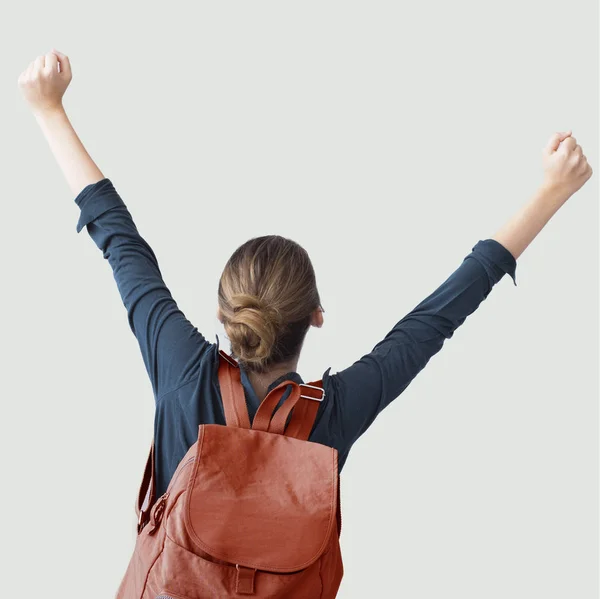 Счастливый Студент Поднятыми Воздухе Руками — стоковое фото