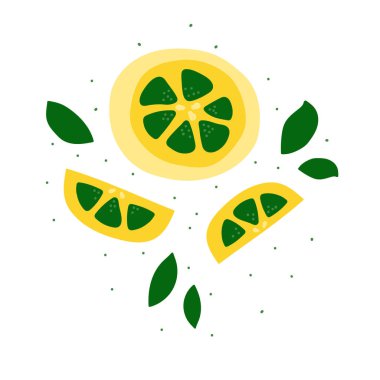 Sarı limon ile Vektör düz illüstrasyon. Beyaz arka plan üzerine el çizilmiş limon. Baskı, tekstil, kartpostal için yaz tasarımı 