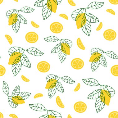 Sarı limon ile Vektör düz dikişsiz desen. Beyaz arka plan üzerinde el çizilmiş limon ile sonsuz baskı. Baskı, tekstil, kartpostal için yaz tasarımı 