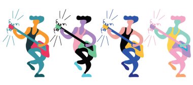 Doodle gitarist ile Vektör düz illüstrasyon. Gitarist enstrümanlarını çalıyor. Baskı, tekstil, kartpostal, reklam, müzik festivalleri, müzik grupları için parlak renk trendy tasarım