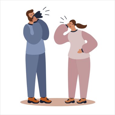 Grip veya soğuk algınlığı belirtileri olan çift ile Vektör düz illüstrasyon. Bir erkeğin burnu akıve bir kadının da öksürüğü vardır. Birlikte üşüten çift