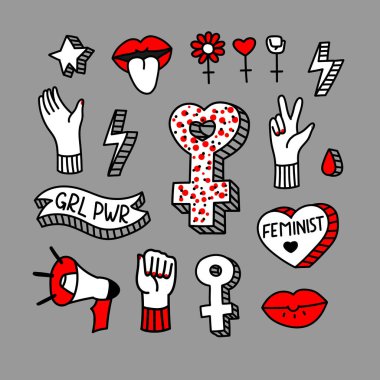 Vektör el feminist sloganı ile çıkartmalar seti çizilmiş. Feminizm el çizilmiş illüstrasyon. Logo, simge, baskı, slogan, çıkartmalar için tasarım