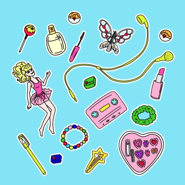 90'lardan bir renk kümesi ile vektör illüstrasyon. 90's renkli arka plan üzerinde çıkartmalar. 90'ın stil vektörü yalıtılmış nesneler ve grafik öğeleri. Çıkartmalar ve baskı için parlak tasarım