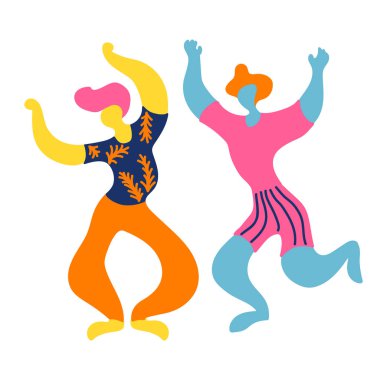 Doodledancing erkekler ile Vektör düz illüstrasyon. Baskı, tekstil, kartpostal, reklam, müzik festivalleri için parlak renk trendy tasarım