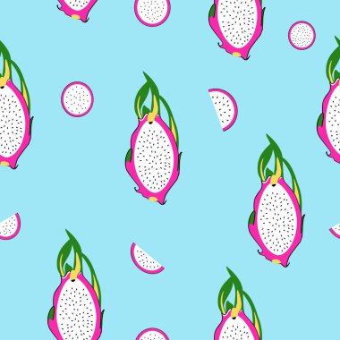 Mavi arka planda tropikal egzotik ejderha meyveleri. Vektör dikişsiz desen
