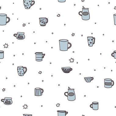 Renk doodle bardak seti ile Vektör dikişsiz desen. Arka planda parlak renkli bardaklar