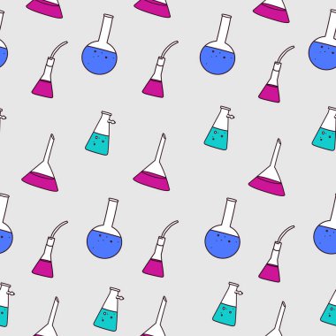 Kimyasal kaplarla vektör dikişsiz desen. Laboratuvar ve Bilimsel Cam ile Vektör deseni
