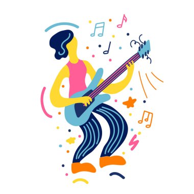 Doodle gitarist ile Vektör düz illüstrasyon. Gitarist enstrümanlarını çalıyor. Baskı, tekstil, kartpostal, reklam, müzik festivalleri, müzik grupları için parlak renk trendy tasarım