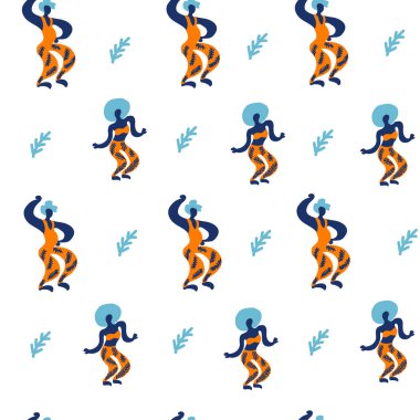 Doodledancing kadın ve erkek ile Vektör sorunsuz desen. Baskı, tekstil, kartpostal, reklam, müzik festivalleri için parlak renk trendy tasarım