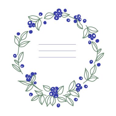 Yaban mersini çerçeveli vektör illüstrasyon. Yaban mersini ve beyaz arka plan üzerinde yaprakları. Kartpostal için tasarım, davetiye