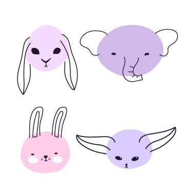 Doodle hayvan kümesi ile vektör illüstrasyon. Çocuklar doodle evcil hayvan ile el çizilmiş illüstrasyon. Baskı, tekstil, kartpostal, reklam, çocuk tasarımı için parlak renk trendy tasarım