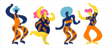 Doodledancing kadın ve erkek ile Vektör düz illüstrasyon. Baskı, tekstil, kartpostal, reklam, müzik festivalleri için parlak renk trendy tasarım
