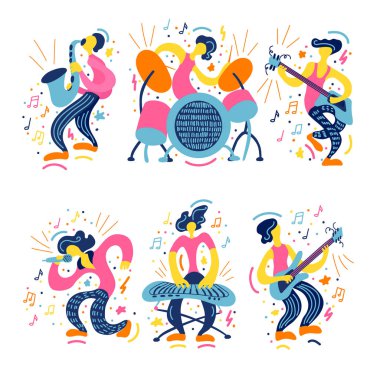 Doodle müzisyenler ile Vektör düz illüstrasyon. Müzik grubu enstrümanlarını çalıyor. Baskı, tekstil, kartpostal, reklam, müzik festivalleri, müzik grupları için parlak renk trendy tasarım