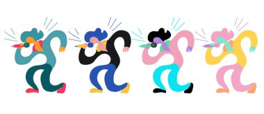 Doodle şarkıcı ile Vektör düz illüstrasyon. Vokalist şarkısını söyle. Baskı için parlak renk trendy tasarım; tekstil; kartpostal; reklam; müzik festivalleri; müzik grupları